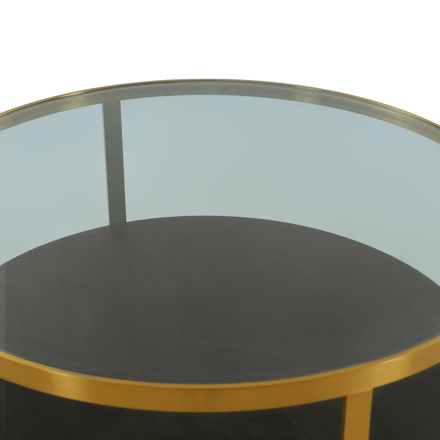 43" Clear And Black Gold Glass And Solid Wood and Metal Round Coffee Table With Shelf - Loft&Timber