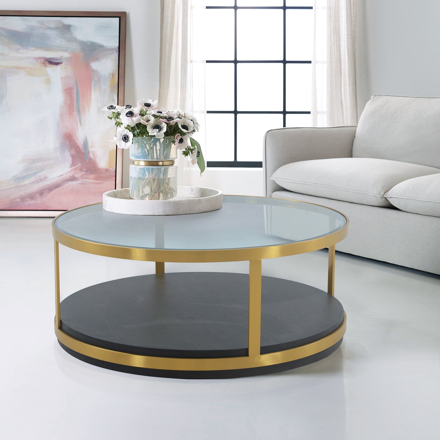 43" Clear And Black Gold Glass And Solid Wood and Metal Round Coffee Table With Shelf - Loft&Timber