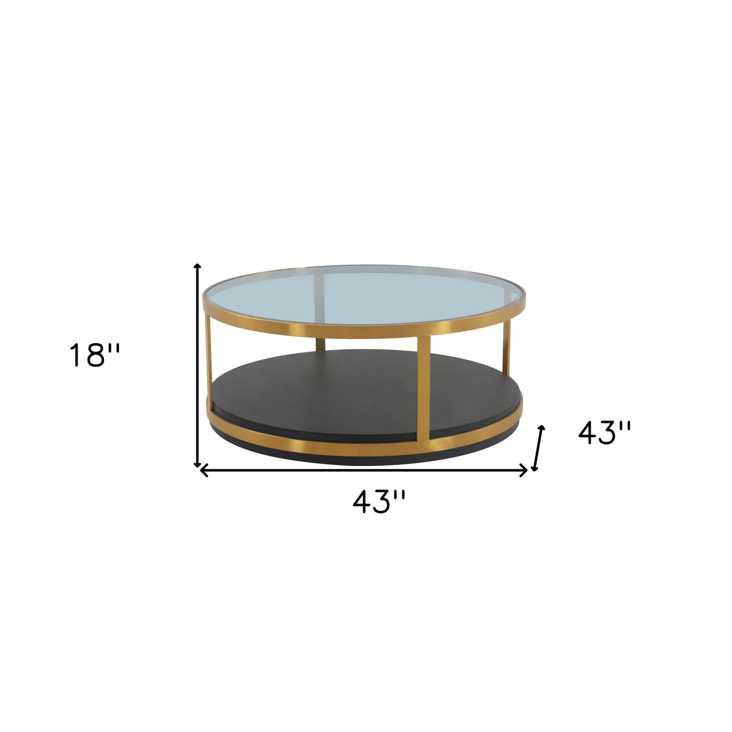43" Clear And Black Gold Glass And Solid Wood and Metal Round Coffee Table With Shelf - Loft&Timber