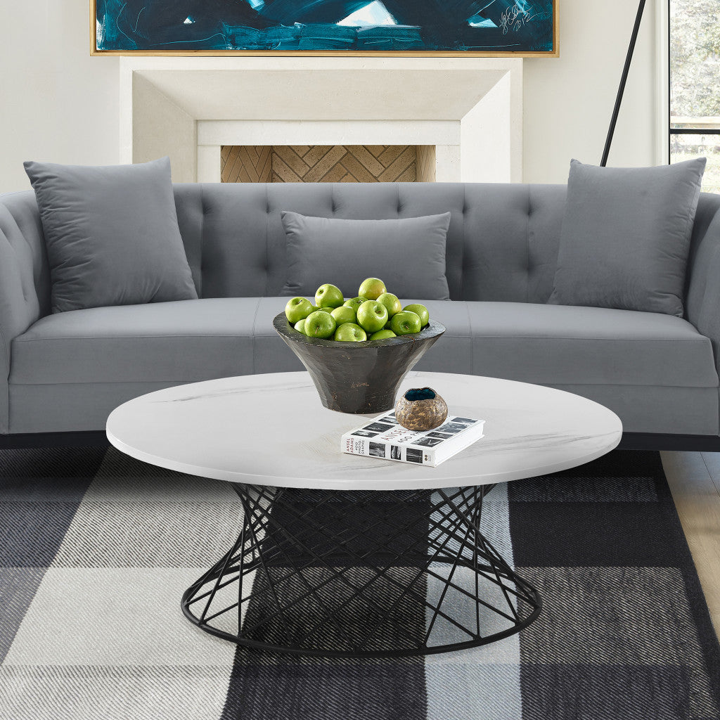 36" White And Black Genuine Marble And Metal Round Coffee Table - Loft&Timber