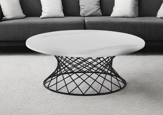 36" White And Black Genuine Marble And Metal Round Coffee Table - Loft&Timber