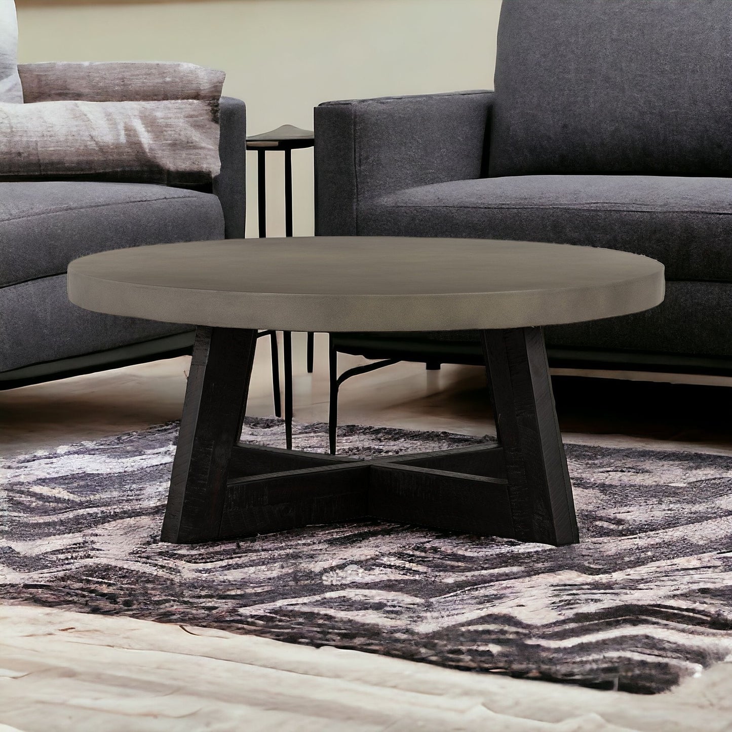 36" Gray And Black Concrete And Solid Wood Round Coffee Table - Loft&Timber