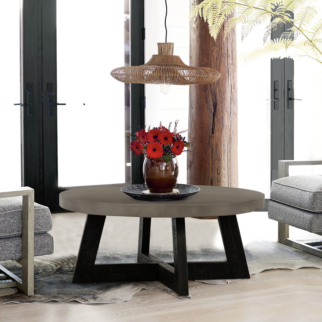 36" Gray And Black Concrete And Solid Wood Round Coffee Table - Loft&Timber