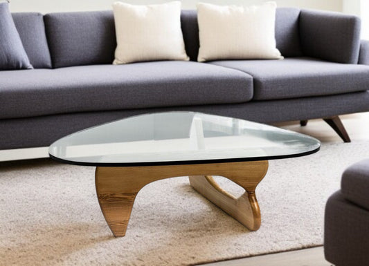 50" Clear And Brown Glass And Solid Wood Triangle Coffee Table - Loft&Timber