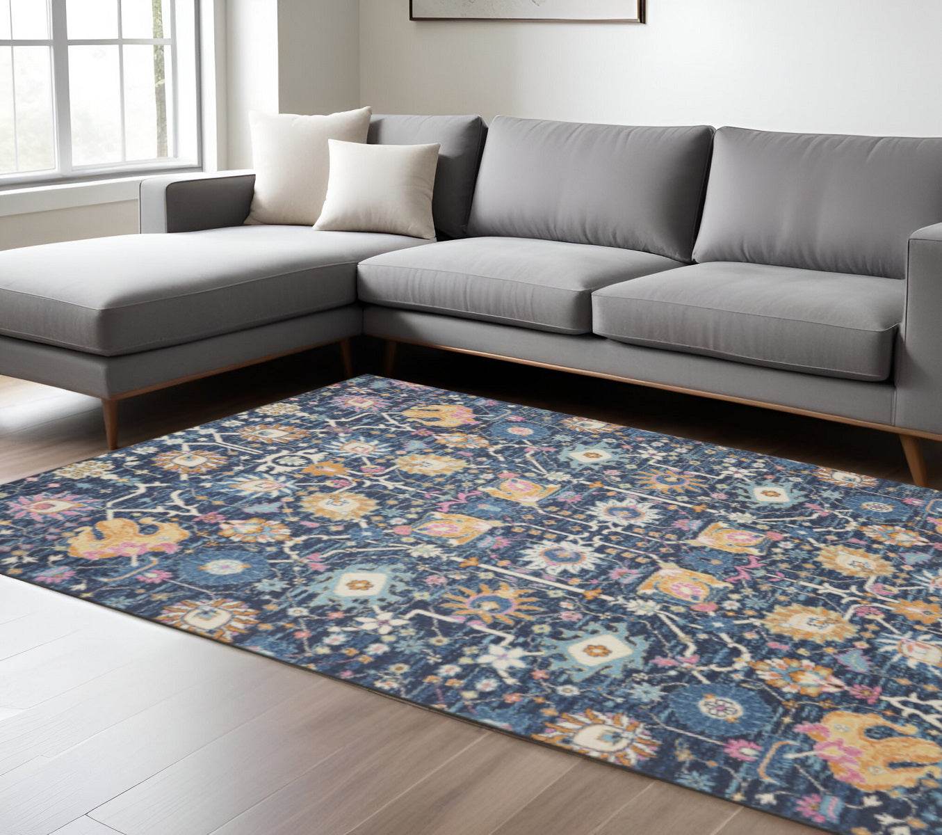9' X 12' Blue And Gold Floral Area Rug - Loft&Timber