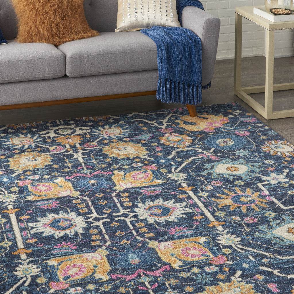 9' X 12' Blue And Gold Floral Area Rug - Loft&Timber