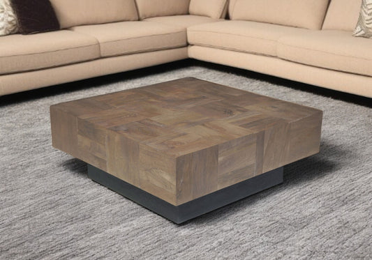 40" Dark Brown and Black Solid Wood Square Block Coffee Table - Loft&Timber