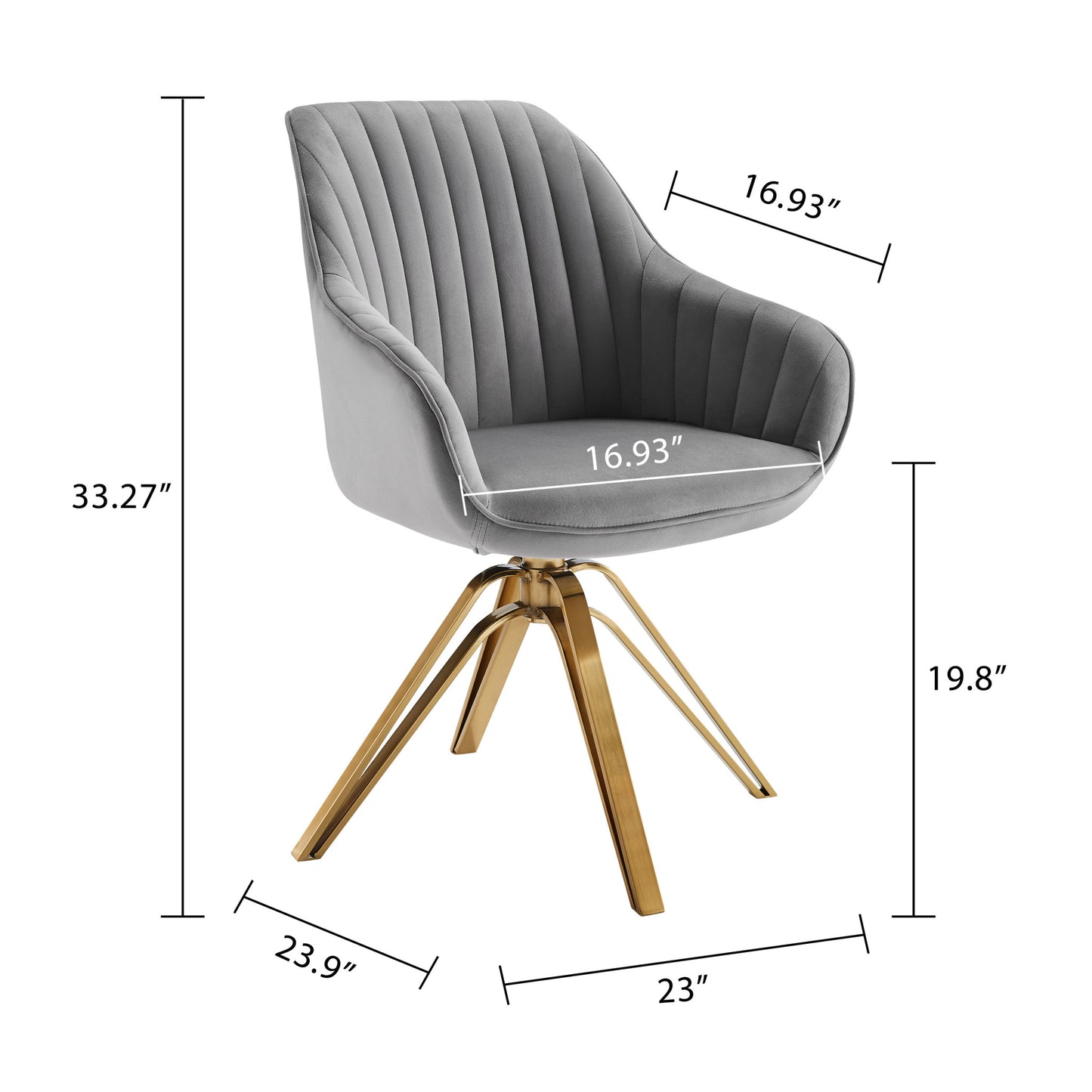 23" Gray Velvet And Gold Swivel Arm Chair - Loft&Timber