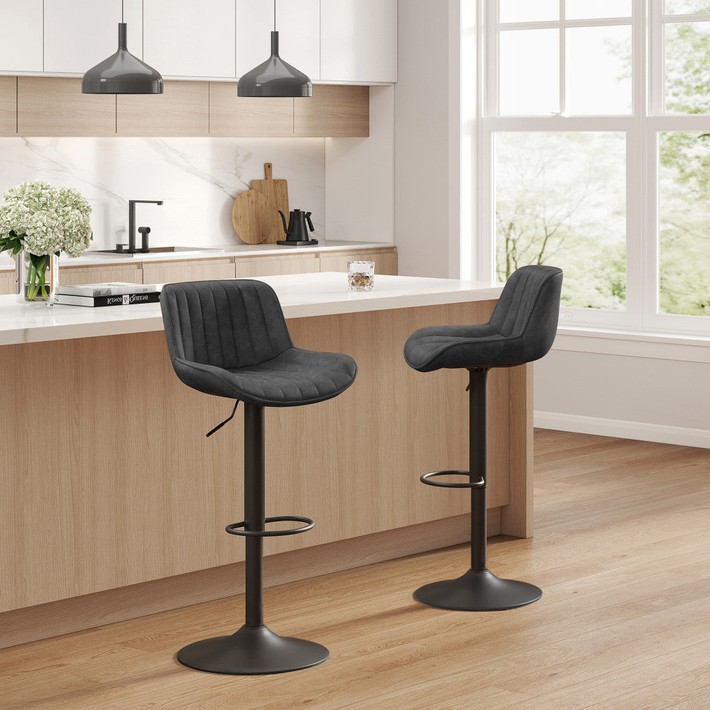 Set of Two 31" Black Faux Leather And Steel Swivel Low Back Adjustable Height Bar Chairs - Loft&Timber