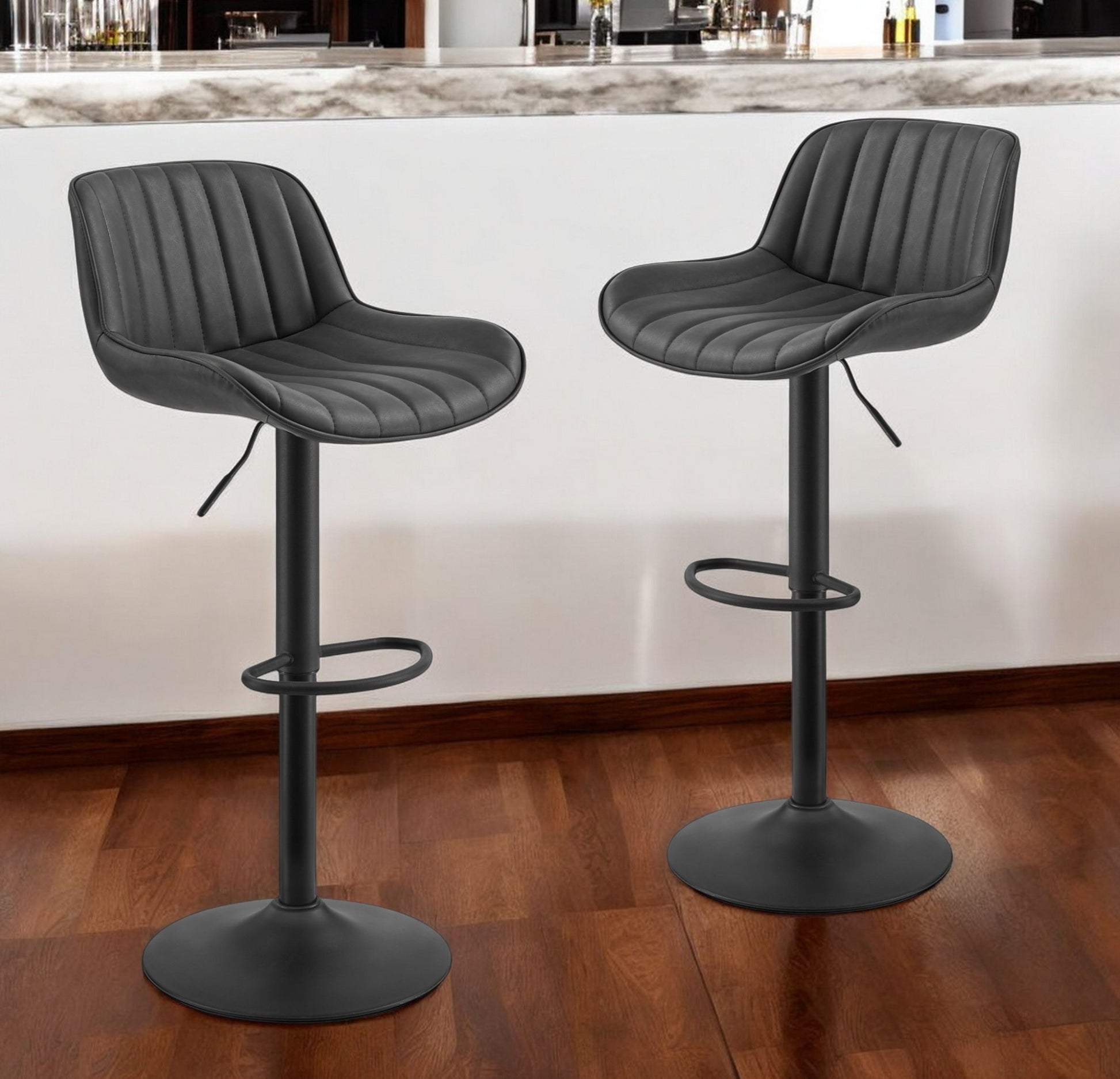 Set of Two 31" Black Faux Leather And Steel Swivel Low Back Adjustable Height Bar Chairs - Loft&Timber