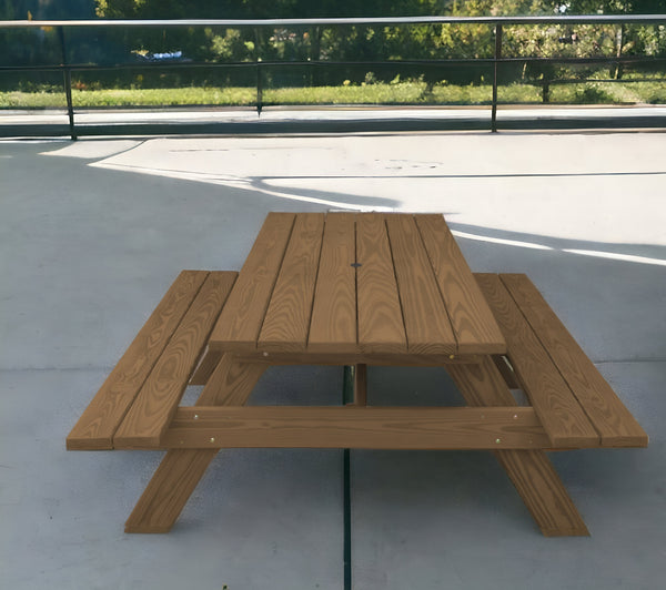 94" Brown Solid Wood Outdoor Picnic Table with Umbrella Hole-0