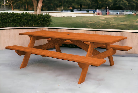 94" Brown Solid Wood Outdoor Picnic Table with Umbrella Hole-0