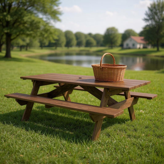 94" Dark Brown Solid Wood Outdoor Picnic Table with Umbrella Hole-0