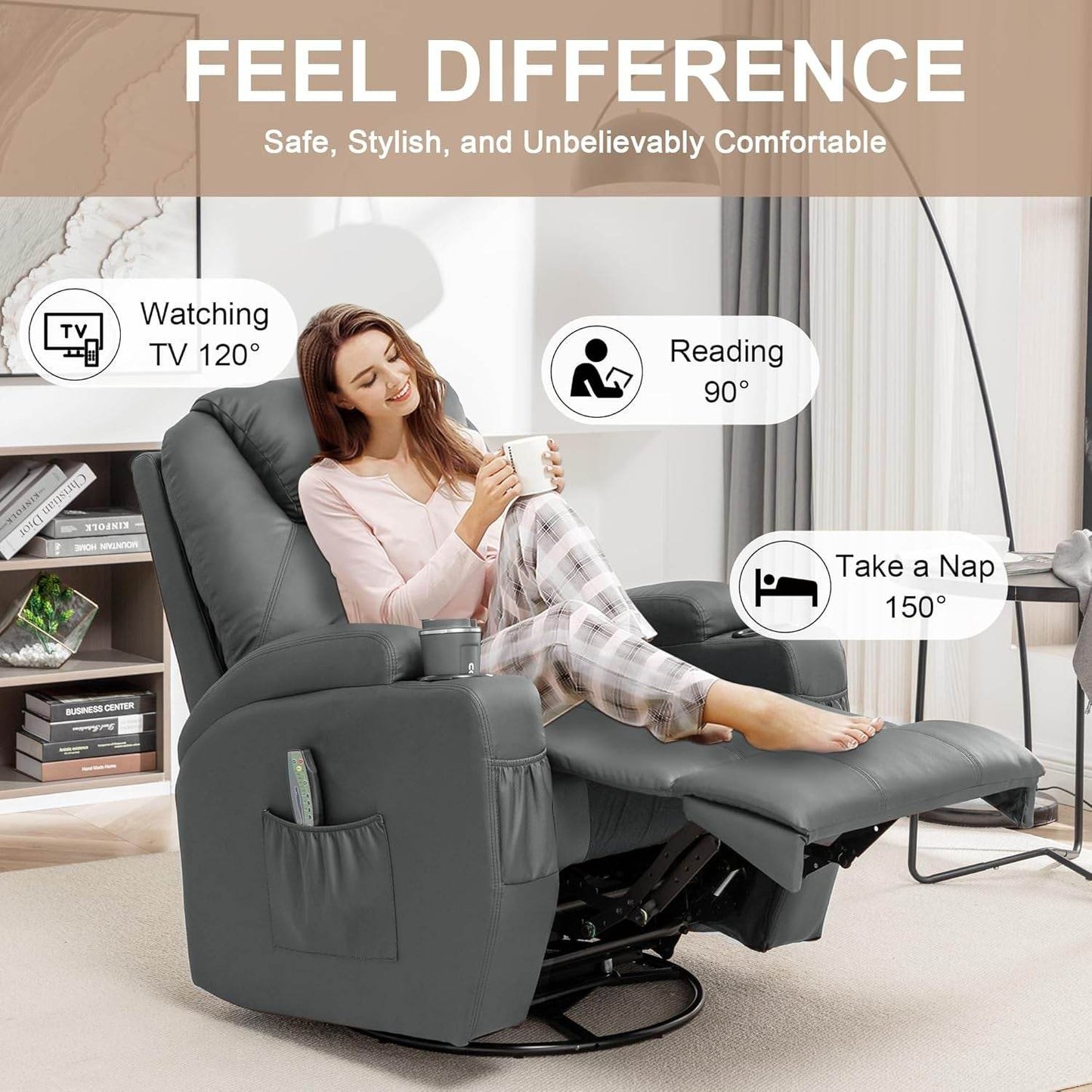 Recliner Chair, Rocking Chair with Massage and Heat, 360° Swivel Recliner Chairs for Adults, Rocker Manual Recliner with Remote Control and Cup Holder for Living Room, Bedroom, Nursery - Loft&Timber