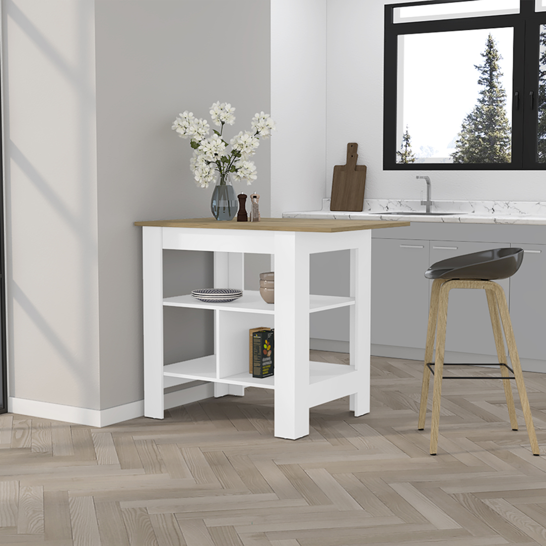 35" Natural and White Wood Kitchen Island With Storage - Loft&Timber