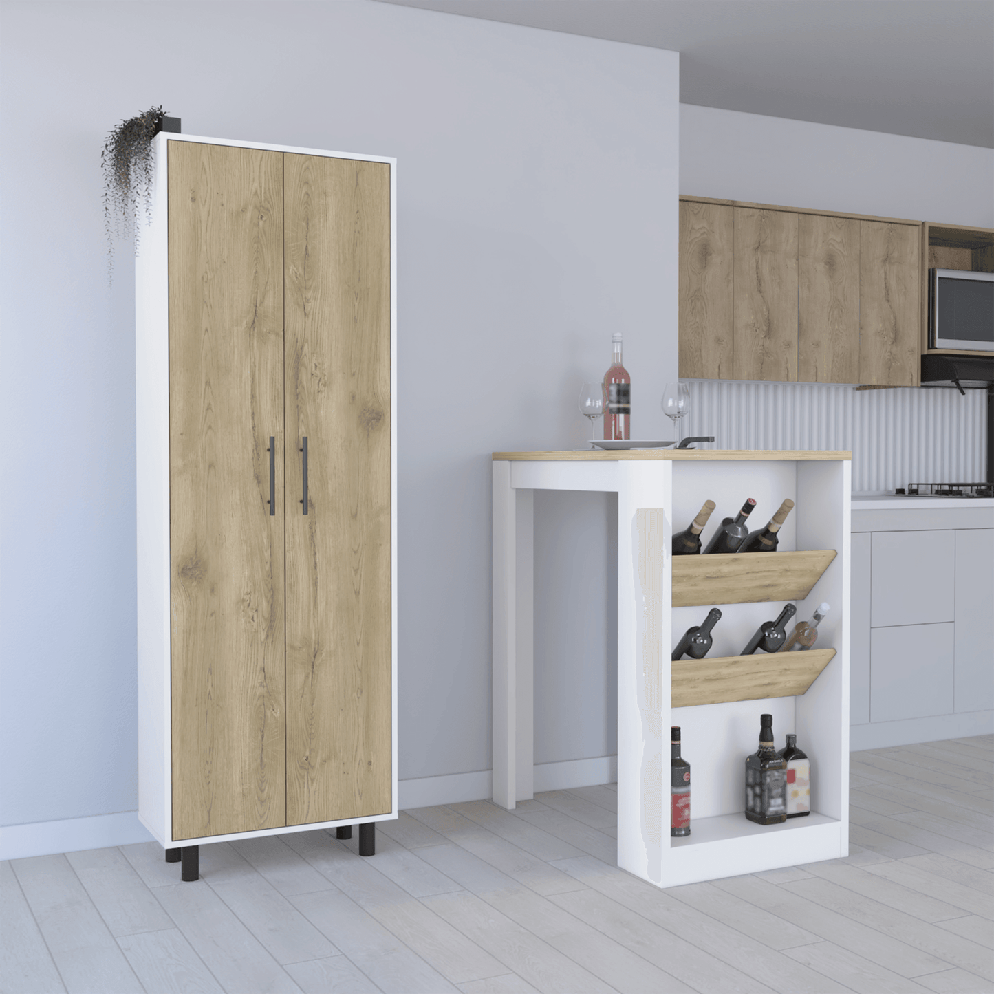 Set of Two Oak and White Wood Kitchen Island And Pantry Cabinet - Loft&Timber