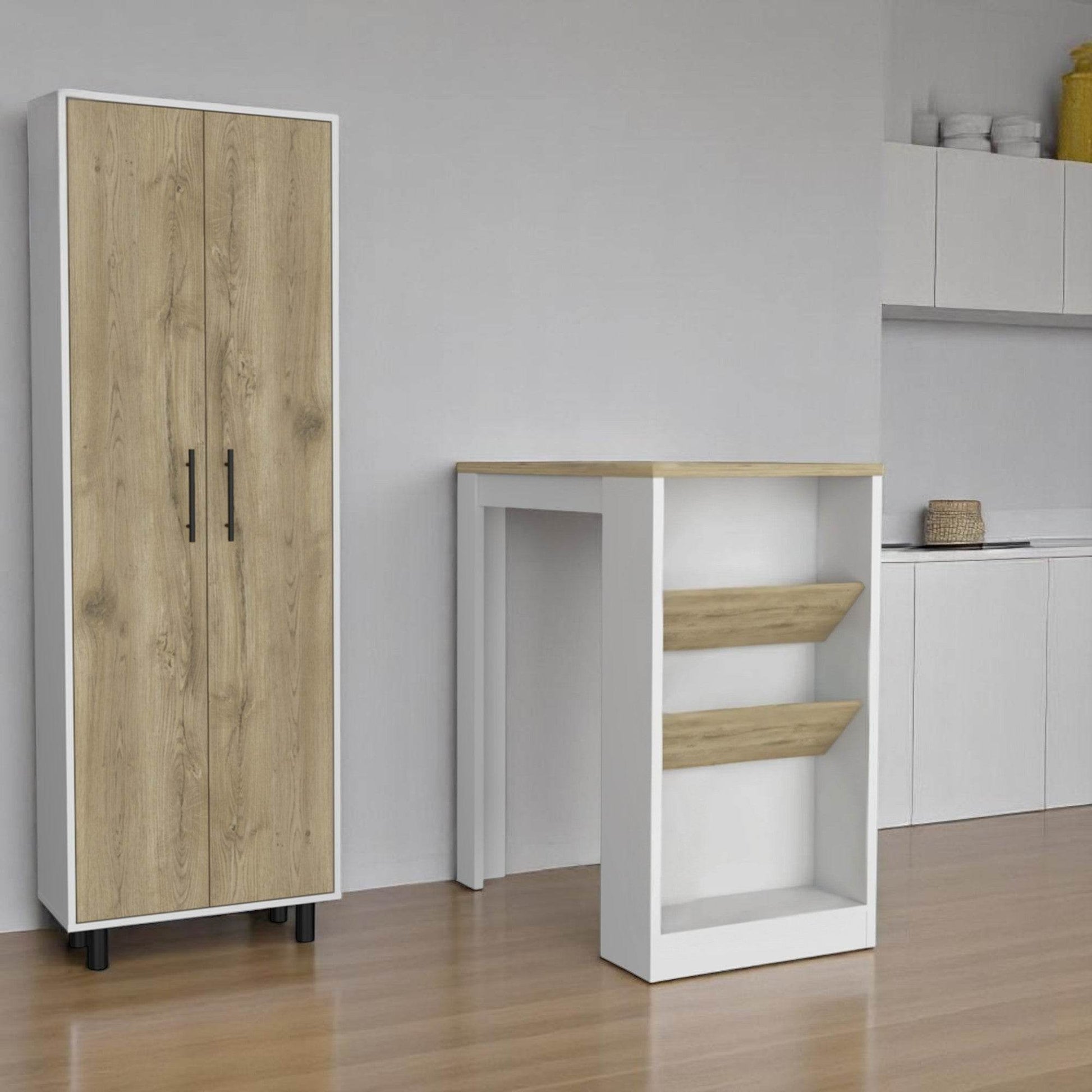 Set of Two Oak and White Wood Kitchen Island And Pantry Cabinet - Loft&Timber