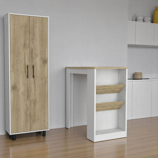 Set of Two Oak and White Wood Kitchen Island And Pantry Cabinet - Loft&Timber