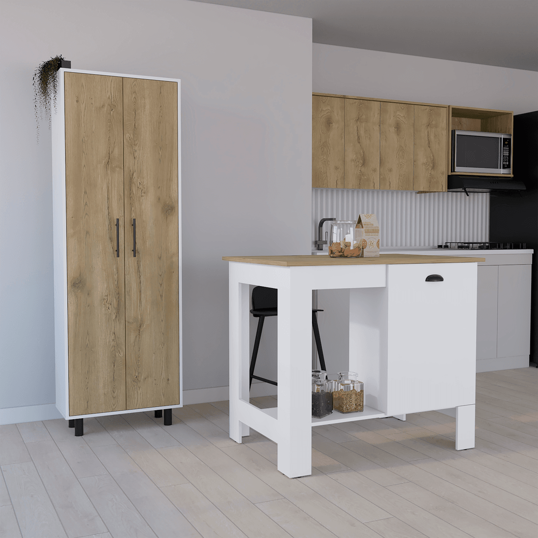 Set of Two Oak and White Wood Kitchen Island And Pantry Cabinet - Loft&Timber