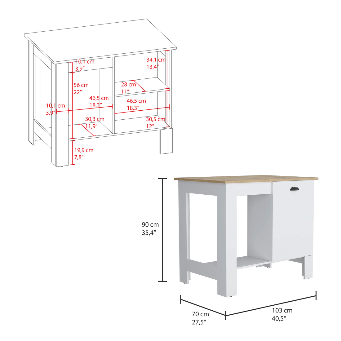 Set of Two Oak and White Wood Kitchen Island And Pantry Cabinet - Loft&Timber