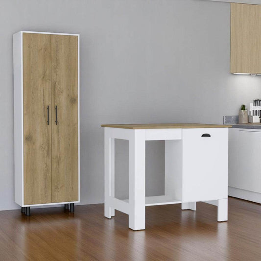 Set of Two Oak and White Wood Kitchen Island And Pantry Cabinet - Loft&Timber