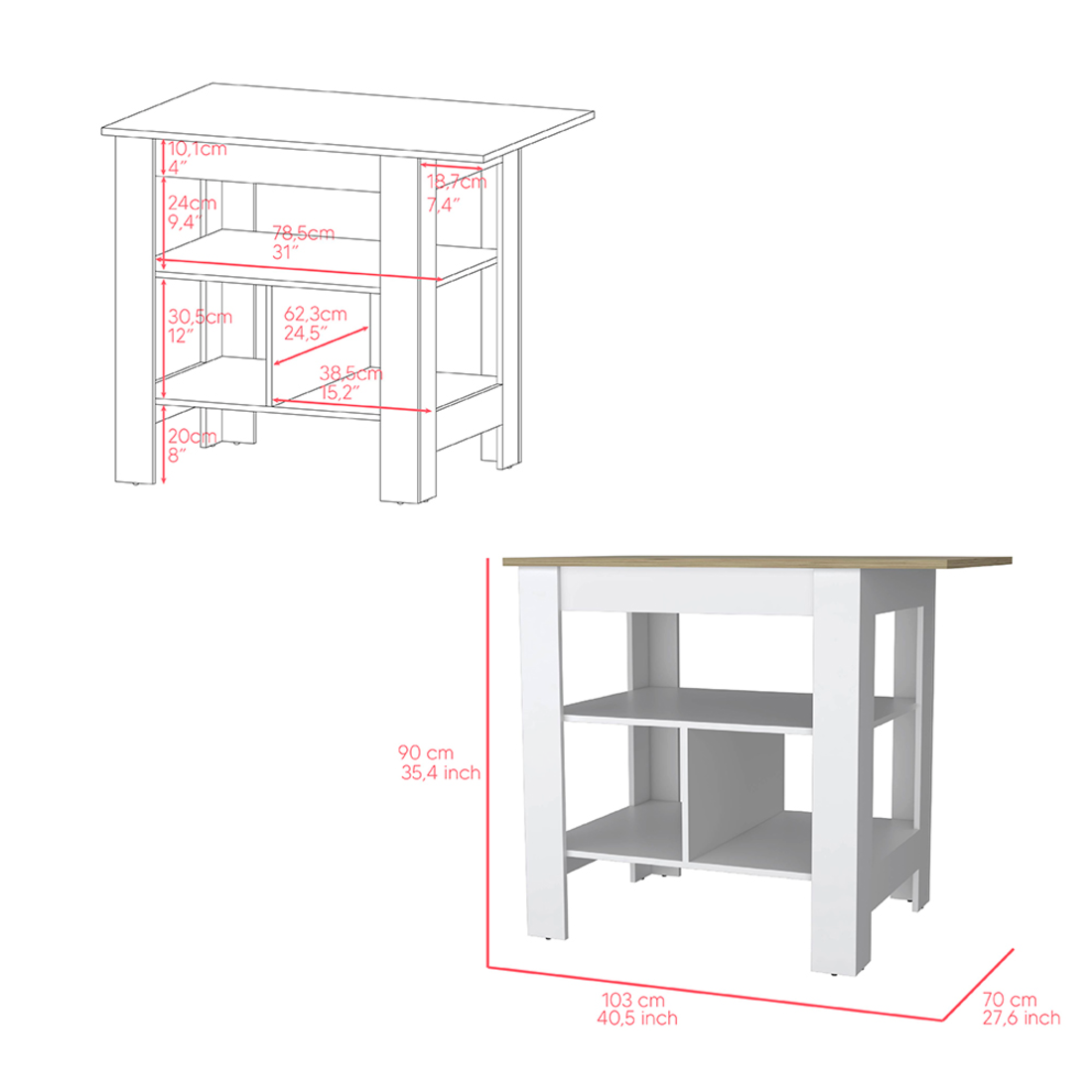 41" Natural and White Wood Kitchen Island Set With Storage - Loft&Timber