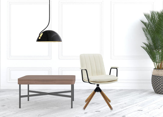 23" Off White Faux Leather And Brown Swivel Arm Chair - Loft&Timber