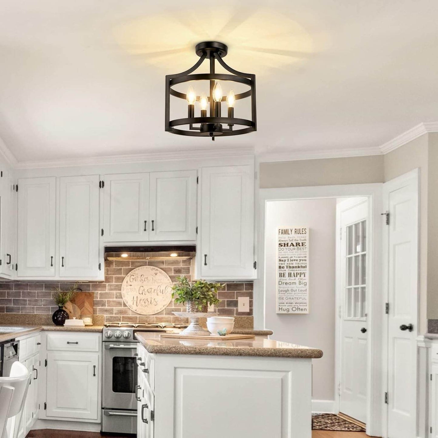4-Light Farmhouse Chandelier, Modern Hanging Pendant Lighting, Convertible Semi Flush Mount Ceiling Light Fixture Rustic Vintage Black Chandeliers for Dining Room Kitchen Foyer Entryway - Loft&Timber