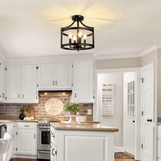 4-Light Farmhouse Chandelier, Modern Hanging Pendant Lighting, Convertible Semi Flush Mount Ceiling Light Fixture Rustic Vintage Black Chandeliers for Dining Room Kitchen Foyer Entryway-0