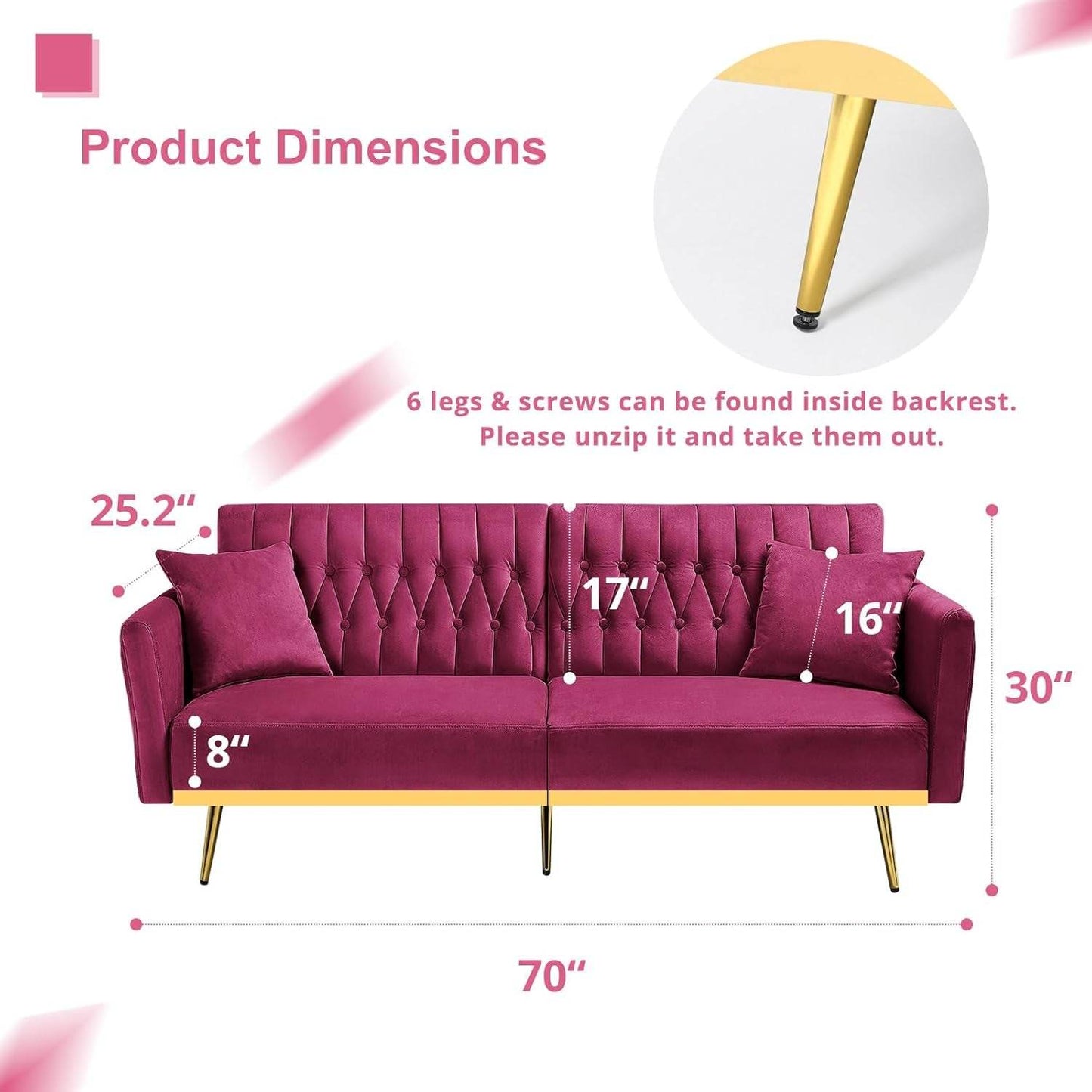 2 Pieces Velvet Futon Sofa Set with Adjustable Backrests and Armrests, 70” Convertible Sofa Bed & Tufted Accent Chair with Ottoman for Living Room, Fuchsia - Loft&Timber