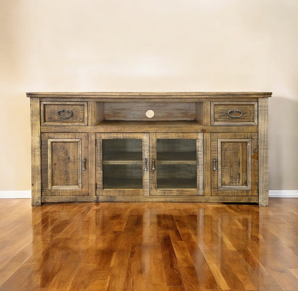 70" Brown Solid Wood Cabinet Enclosed Storage Distressed TV Stand-0