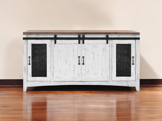 68" White Solid Wood Cabinet Enclosed Storage Distressed TV Stand-0