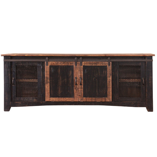 79" Black Solid Wood Cabinet Enclosed Storage Distressed TV Stand-1