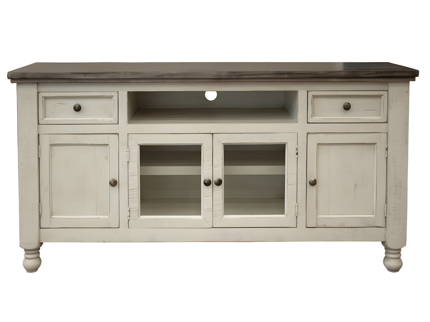60" Ivory Solid Wood Open shelving Distressed TV Stand-1