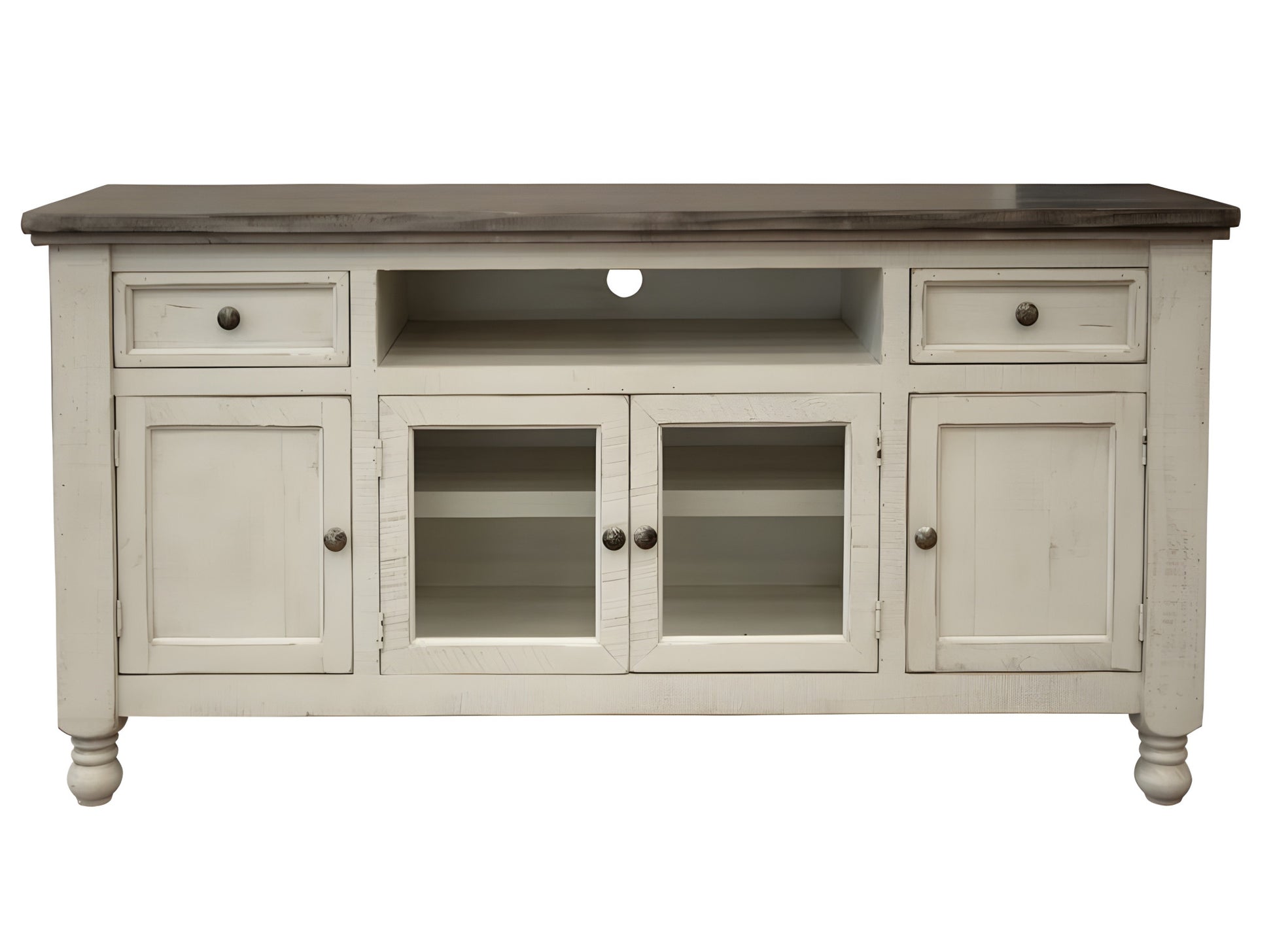 60" Ivory Solid Wood Open shelving Distressed TV Stand-1