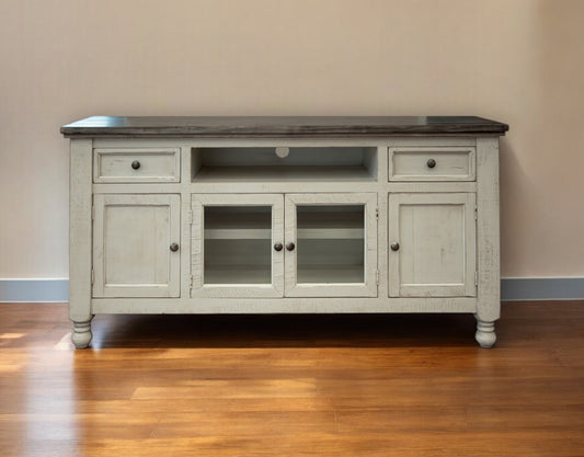70" Ivory Solid Wood Enclosed Storage Distressed TV Stand-0