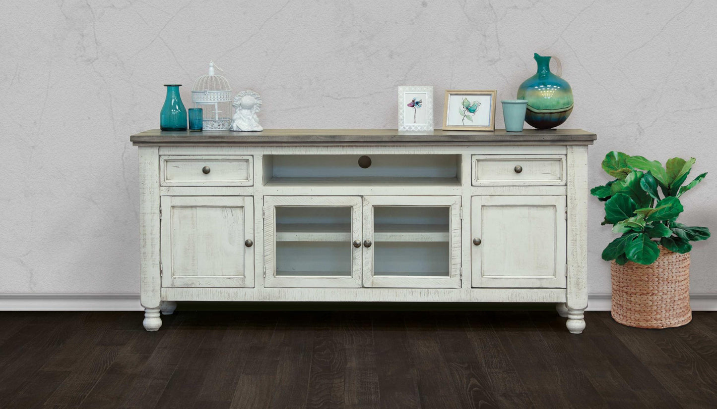 79" Ivory Solid Wood Open shelving Distressed TV Stand-4