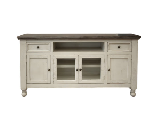 79" Ivory Solid Wood Open shelving Distressed TV Stand-1