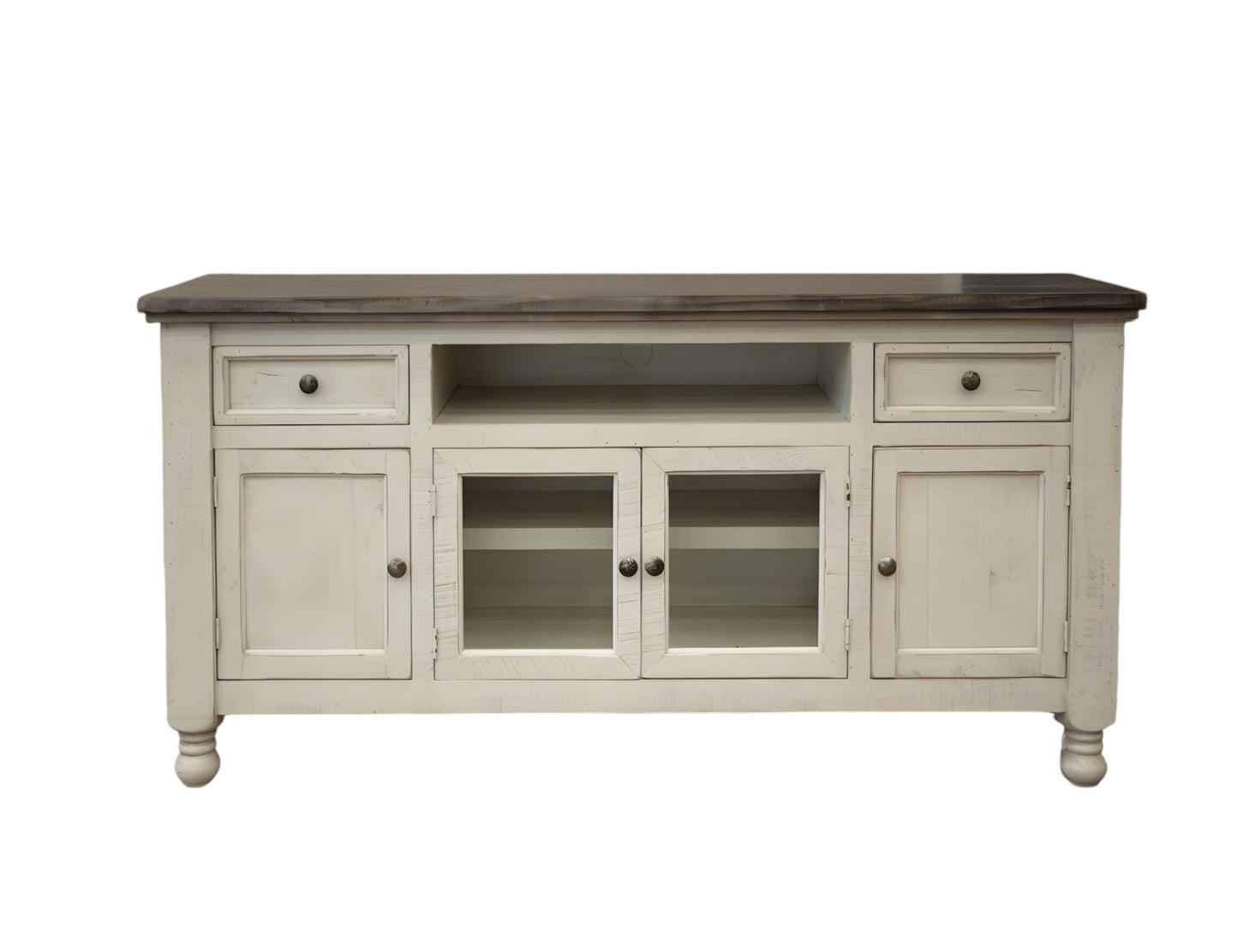 79" Ivory Solid Wood Open shelving Distressed TV Stand-1