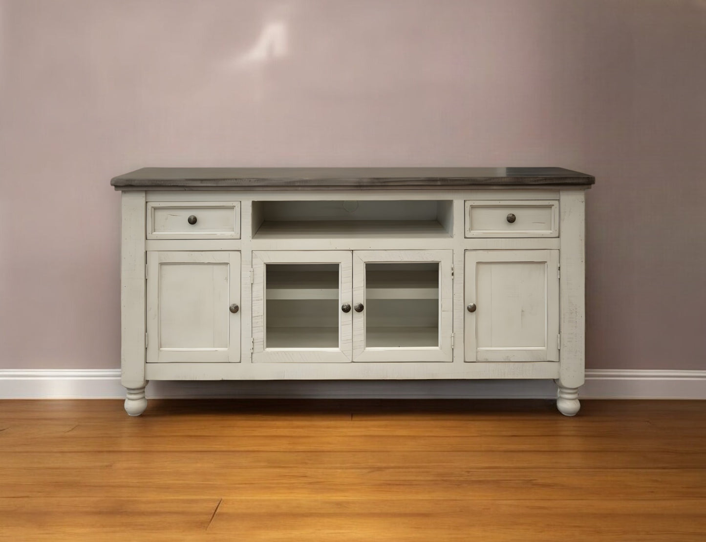 79" Ivory Solid Wood Open shelving Distressed TV Stand-0