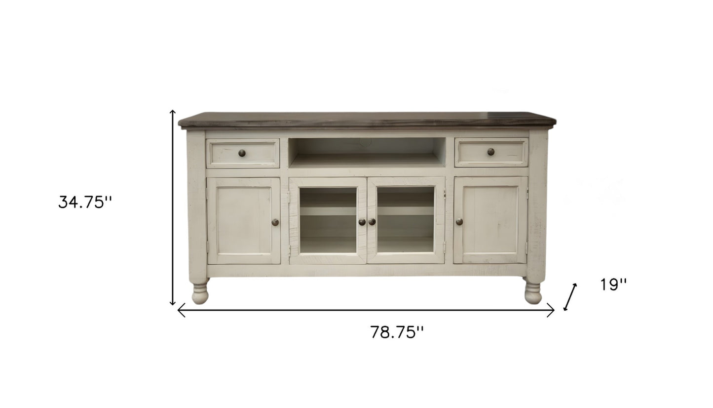 79" Ivory Solid Wood Open shelving Distressed TV Stand-2