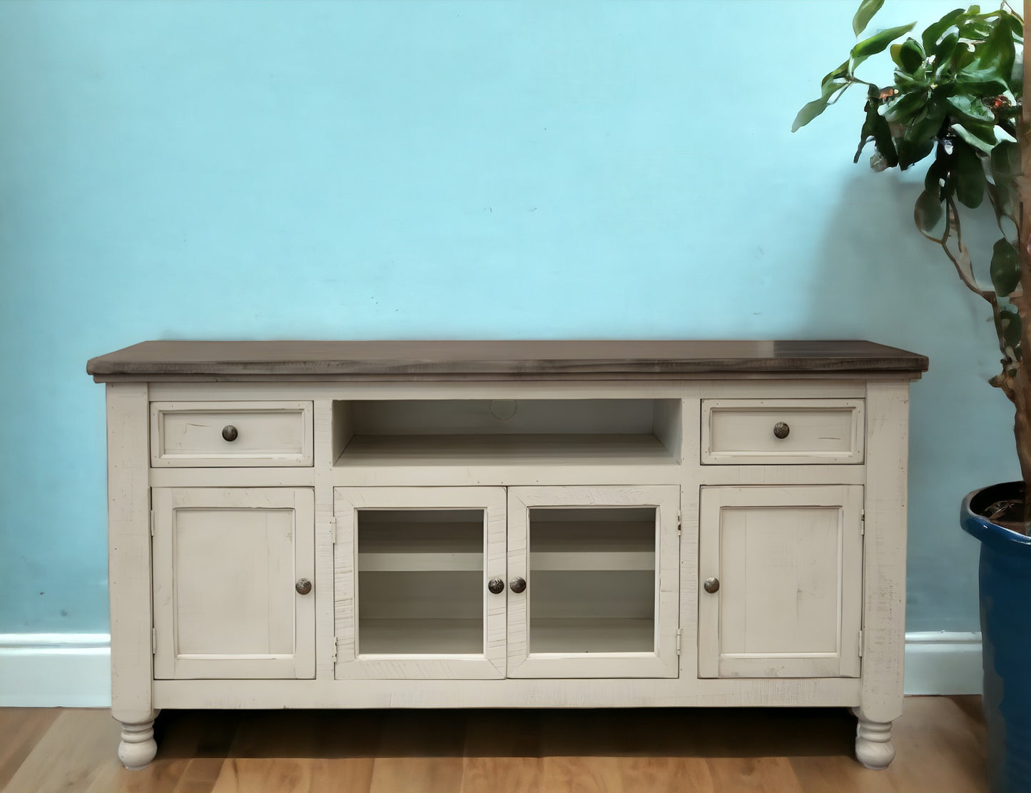 79" Ivory Solid Wood Open shelving Distressed TV Stand-3