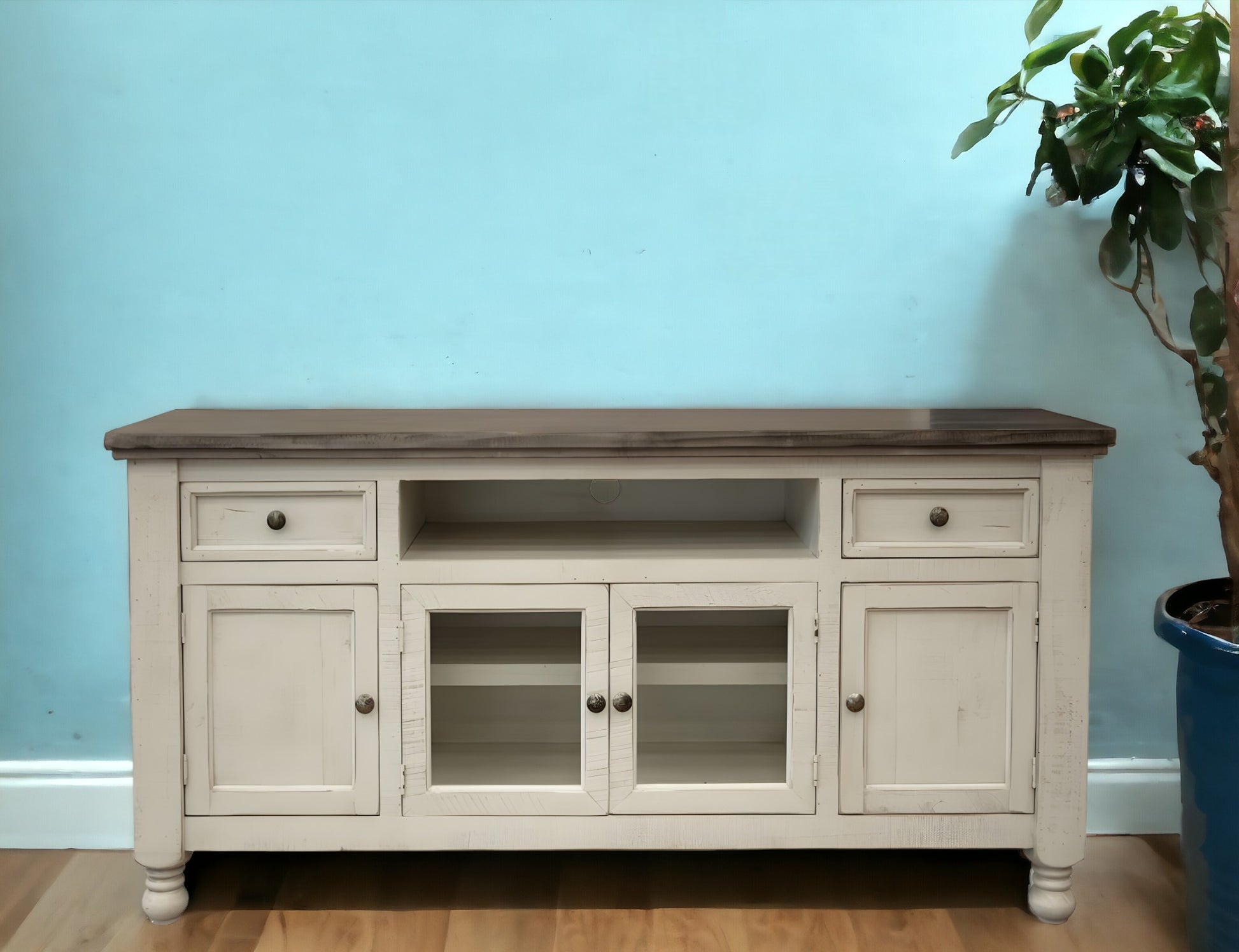 79" Ivory Solid Wood Open shelving Distressed TV Stand-3