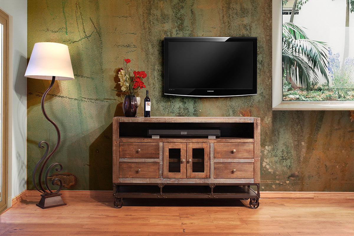 62" Brown Solid Wood Cabinet Enclosed Storage Distressed TV Stand-4