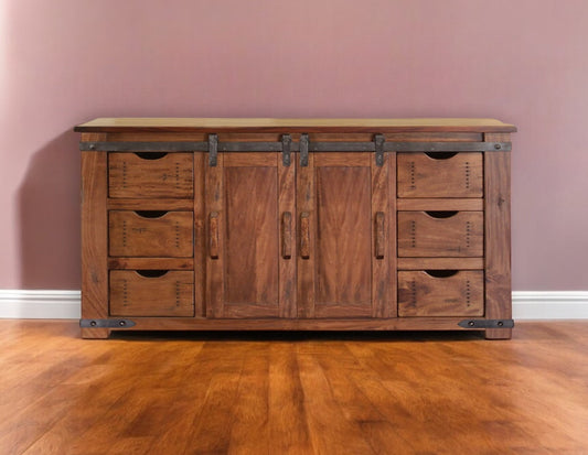 60" Brown Solid Wood Enclosed Storage Distressed TV Stand-0