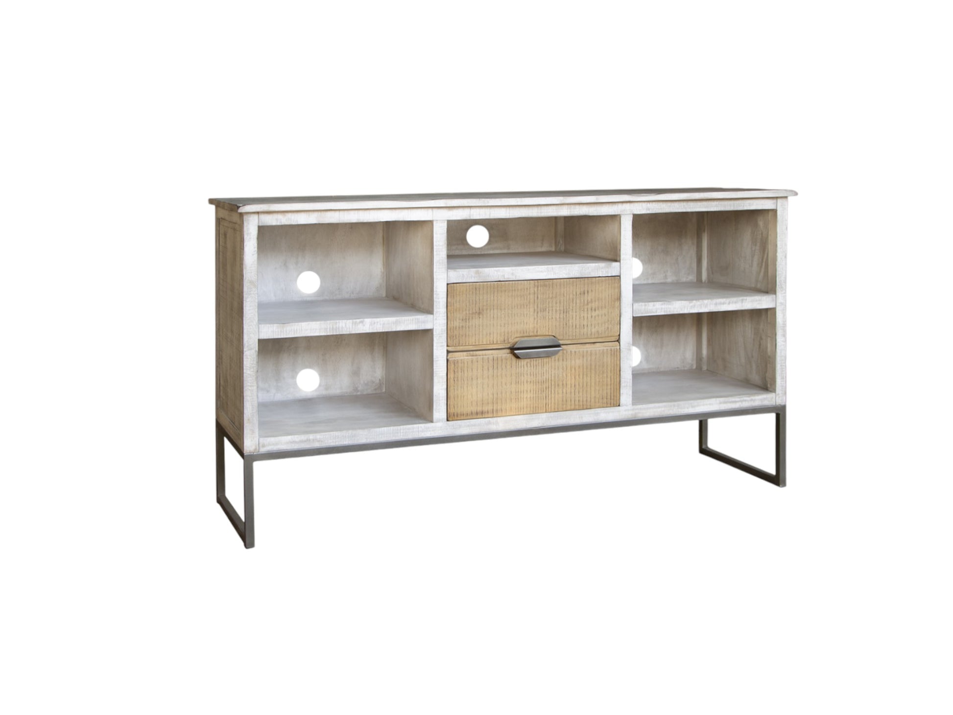 70" Light Gray Solid Wood Open shelving Distressed TV Stand-1