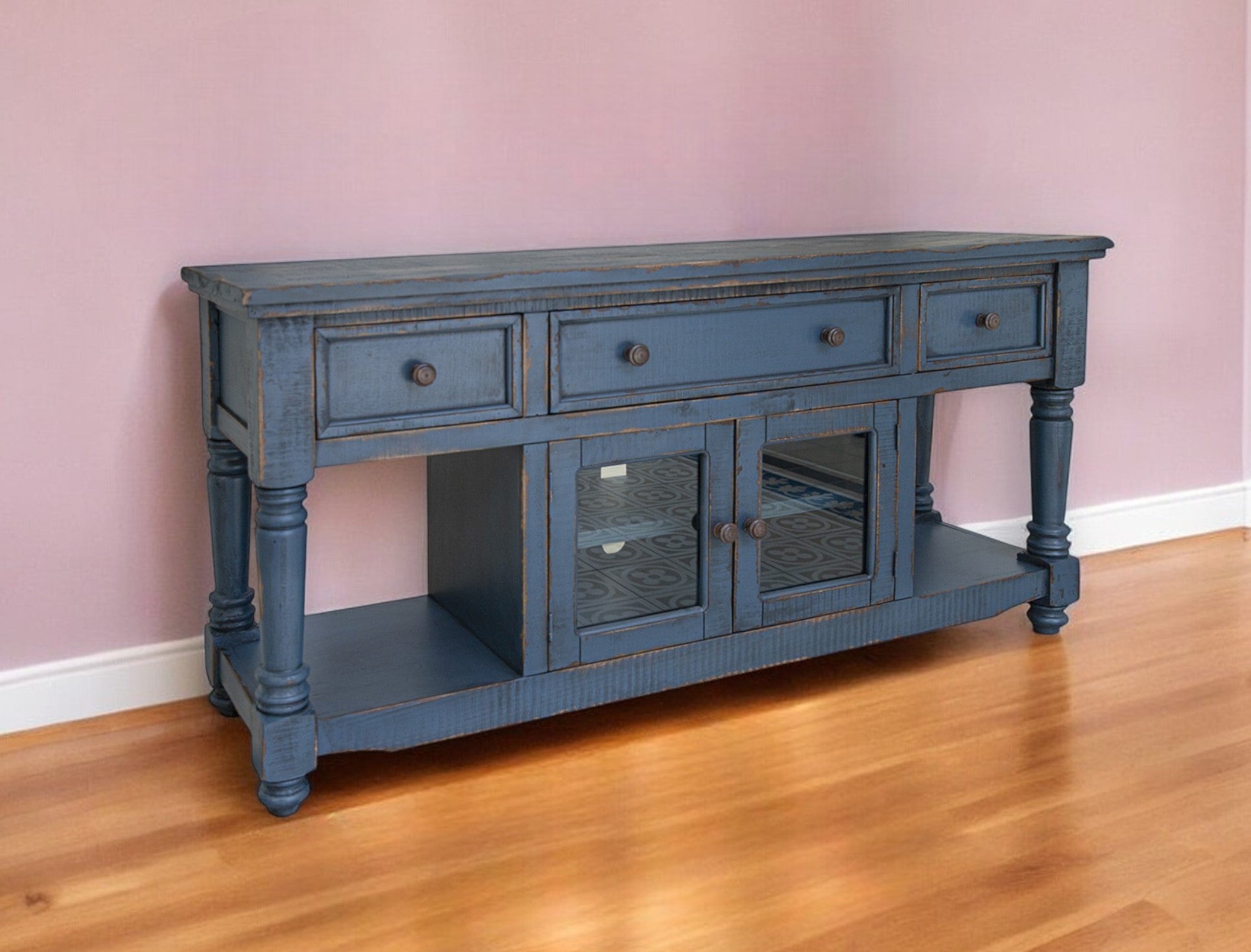 70" Blue Mango Solid Wood Open shelving Distressed TV Stand-0