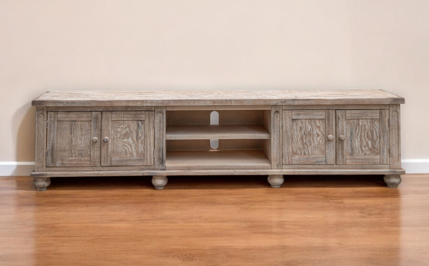 93" Desert Sand Solid Wood Cabinet Enclosed Storage Distressed TV Stand-0