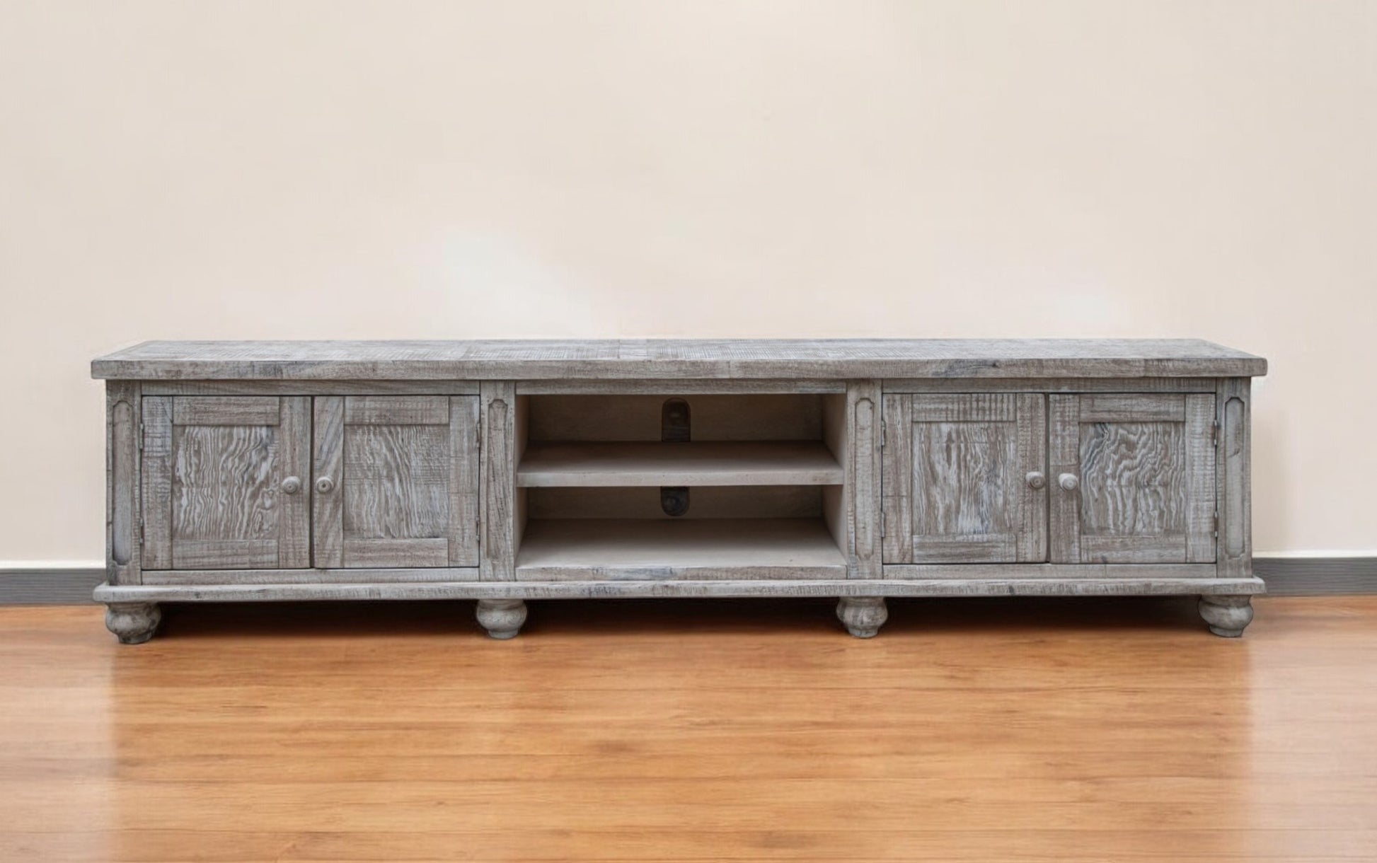 93" Desert Sand Solid Wood Cabinet Enclosed Storage Distressed TV Stand-0