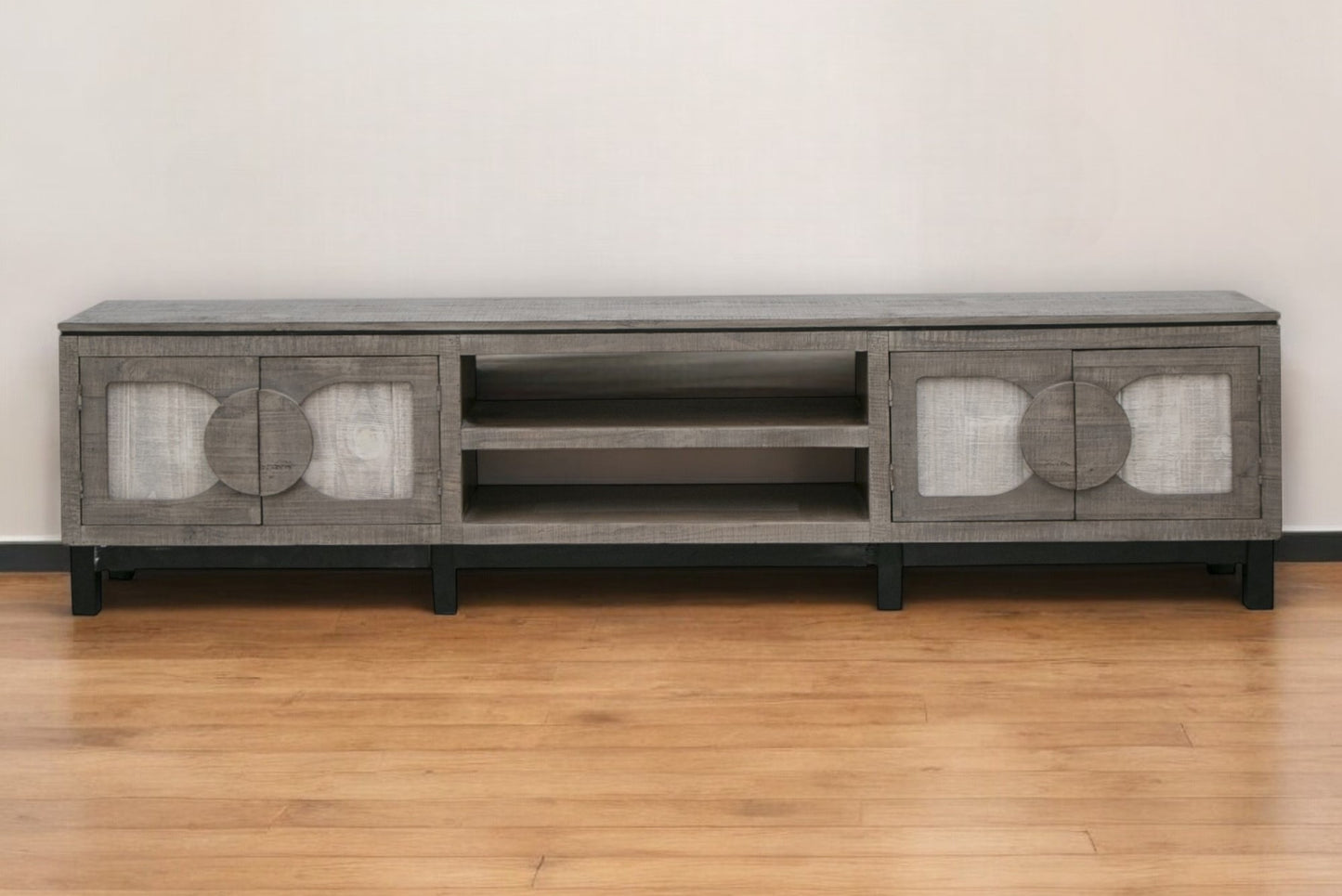 93" White Solid Wood Cabinet Enclosed Storage Distressed TV Stand-0